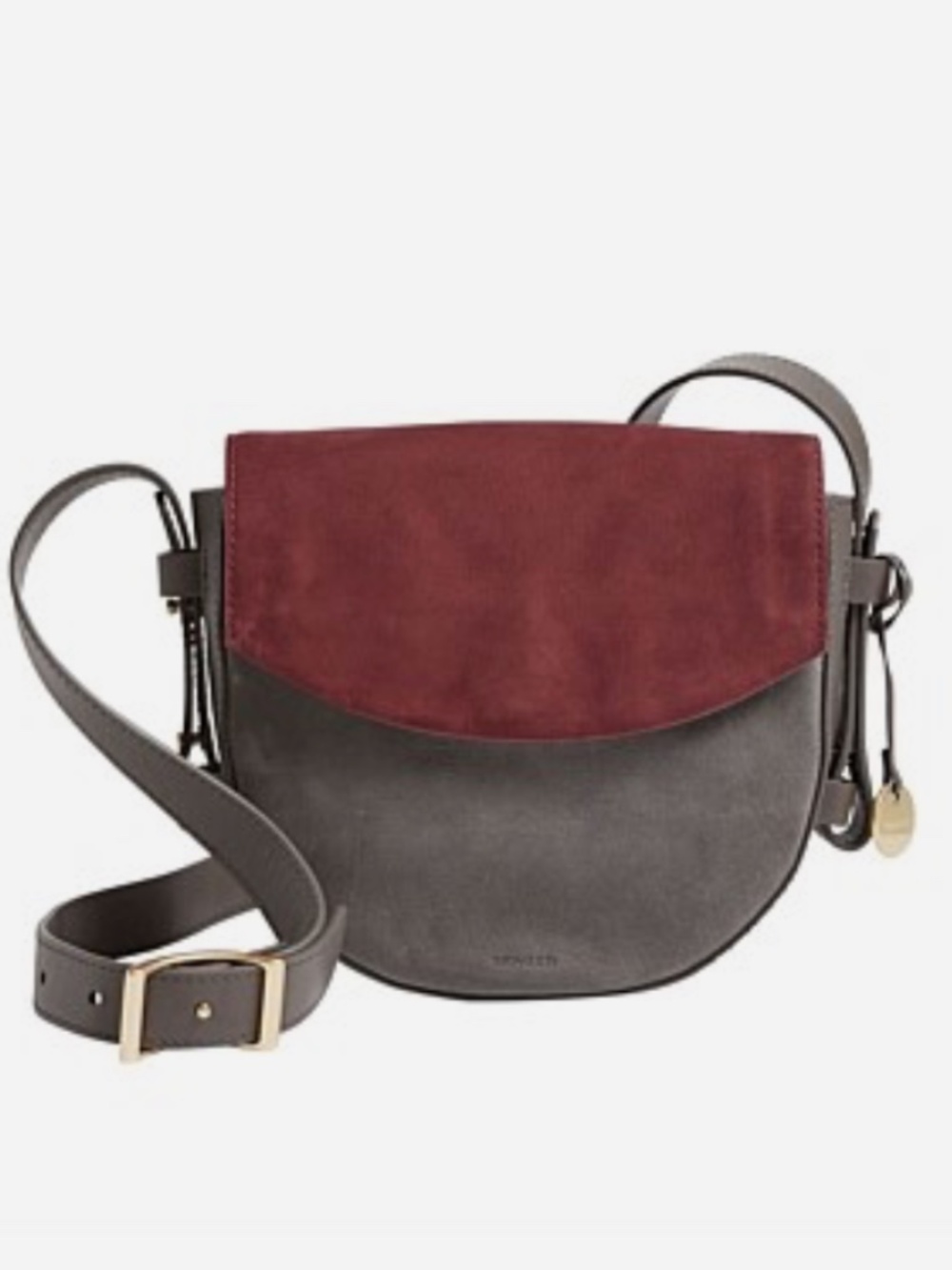 Skagen Lobelle Leather Suede Saddle Bag Crossbody Foldover Gray Burgundy - EUC